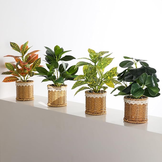 Nubry 2 Pack Fake Plants Artificial Potted Plants with Weaved Pot for Shelf & Table Desk | Perfect for Home Office Bathroom Farmhouse Room Coffee Table Decor 10‘’
