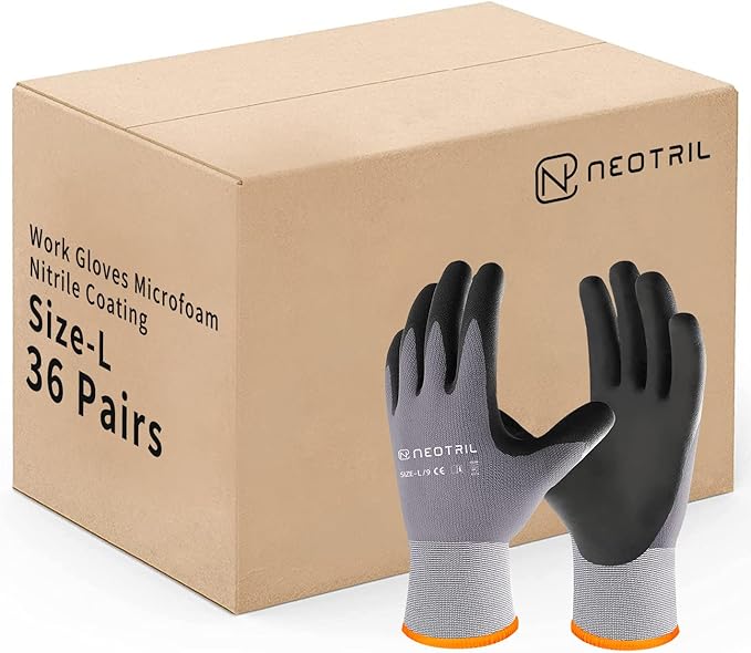 NEOTRIL Safety Work Gloves MicroFoam Nitrile Coated-3/6/12/36 Pairs,Breathable Nylon Working Gloves for Men Women