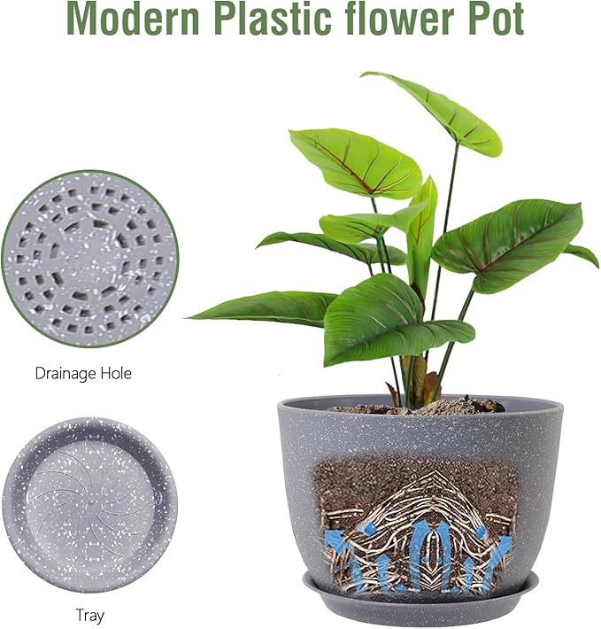 Meowell Plant Pots 12 inch, Plastic Planters with Drainage Holes and Saucers, Large Flower Pots for Indoor Outdoor Plants, Modern Decorative Pots for Garden House Plants, Speckled Grey