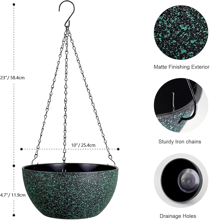 Meowell 10 inch Hanging Planters for Indoor Outdoor Plants, 2 Pack Hanging Flower Pots with Drainage Holes and Chain for Garden, Plastic Hanging Baskets for House Plants, Black with Green Speckles