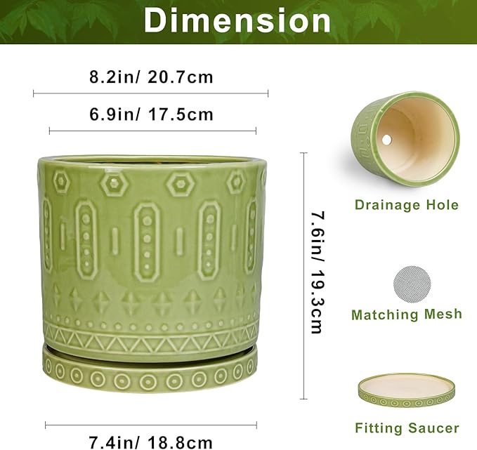 Eightpot Ceramic Pots for Plants, 8 Inch Plant Pot with Drainage Hole and Tray, Round Planters for Indoor Plants, Modern Flower Pot, Decorative Planter, Living Room Decor, Gardening Gifts, Green