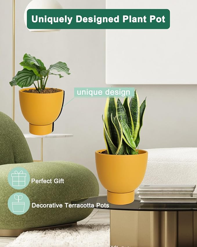 vensovo Yellow Terracotta Self Watering Plant Pot - 2 PCS 6 Inch & 8 Inch Terra Cotta Plant Pot with Drainage Hole and Saucer, Small & Large Clay Flower Pot with Tray, Planter for Indoor Outdoor