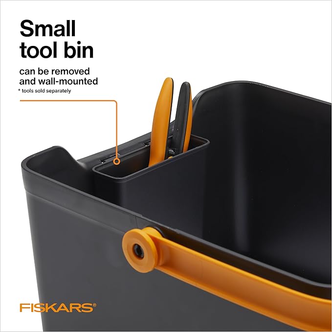 Fiskars Garden Tool Caddy, Portable Storage Organizer with Locking Handle and Removable Bin (Wall-Mountable) for Snips & Pruners, Durable Recycled Resin Carrier for Indoor & Outdoor Gardening
