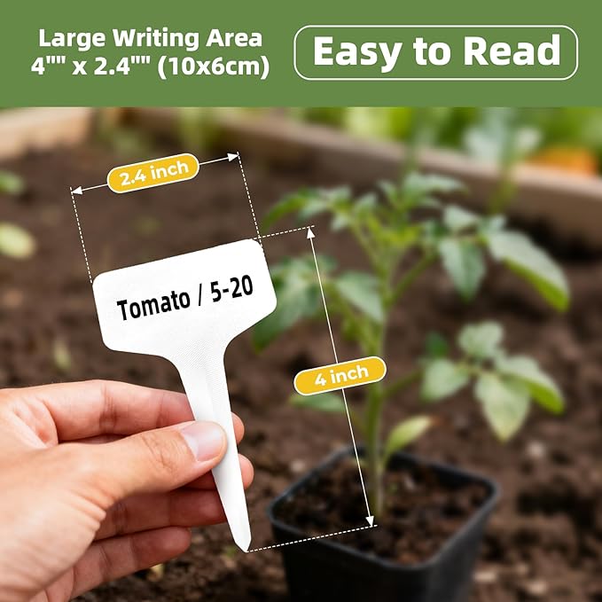 Kmosenia 100 Pcs 4" Plant Labels with Marker Pen, Waterproof T-Type Garden Tags for Seeds, Flowers, Vegetable Seedlings, Plastic Nursery Markers for Outdoor & Indoor Gardening Organization