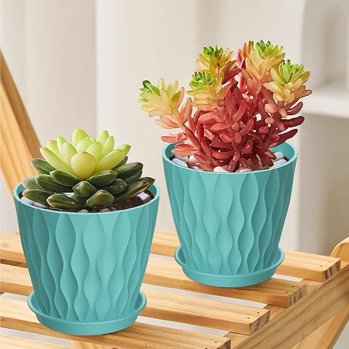 UOUZ 12 Pack 4 Inch Small Plant Pots with Saucers, Waffle Texture Plastic Planters with Drainage Holes for Indoor and Outdoor Plants, Flowers, Herbs, Succulents, and Seedlings, Blue
