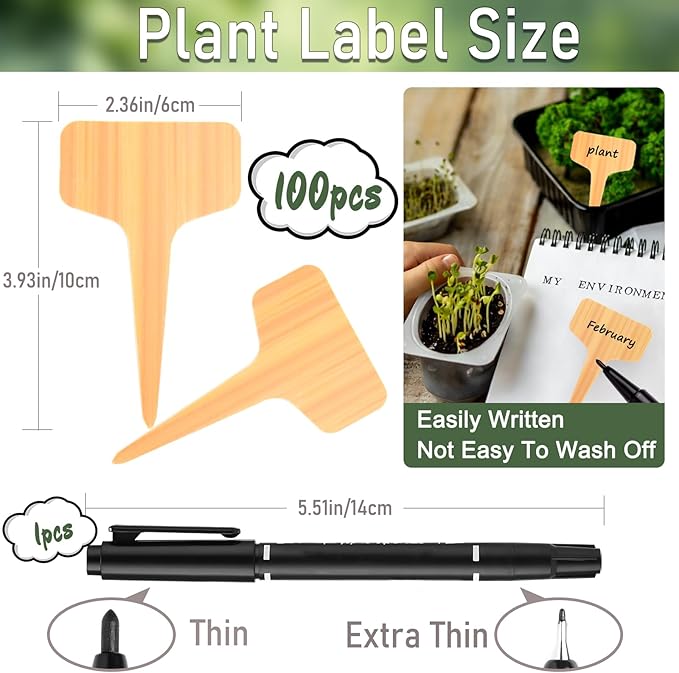 Wanateber 100 Pcs Plastic Plant Labels & Garden Markers with Marking Pen, Waterproof T-Type Plant Tags for Seed Starting, Herb Garden, Vegetable Gardening, Potted Plants & Outdoor Use