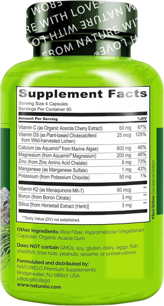 NATURELO Calcium Supplement - with Vitamin C, Vitamin D3, K2, and Calcium Magnesium Zinc for Bone Strength with Calcium 600mg - Plant-Based, 360 Vegetarian Capsules, Non-GMO, Soy & Gluten-Free