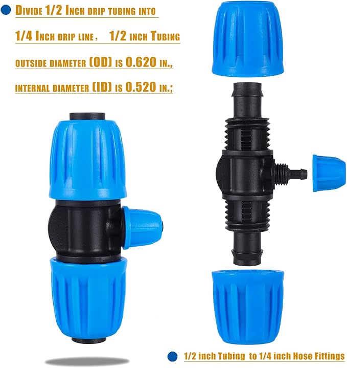 10 Pcs 1/2 to 1/4 inch Garden Hose Tubing Irrigation Fittings,3-Way Anti-Leak 1/2'' to 1/4'' Locked Barbed Drip Irrigation Tee Connectors (1/2"IDx0.6-0.63"OD) 1/2'' to 1/4'' Irrigation Tubing Fitting