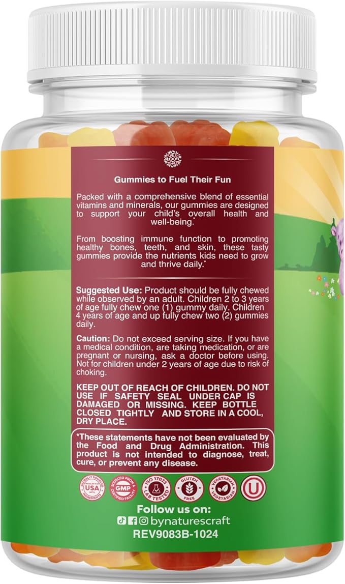 Natures Craft Plant Based Kids Multivitamin Gummies - Multivitamin for Kids Immunity Support Gummies with Vitamins A C D3 E B and Zinc Gelatin and Gluten Free Non-GMO Vitamins Gummy Formula 120ct