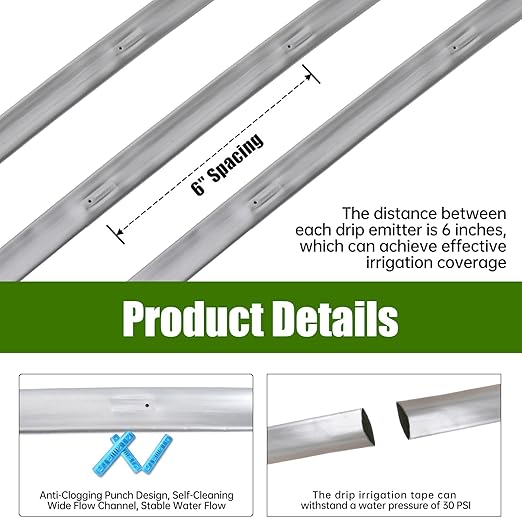 2000FT 5/8" Drip Tape Irrigation Kit, 16 Mil Heavy Duty with 6" Emitter Spacing, Silver Reflective Drip Tape Helps Prevent Pecking & Biting Damage, Heat-Safe for Seedlings, Reinforced PE Material