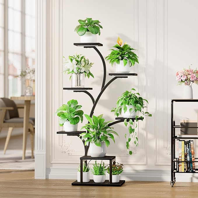 BACEKOLL Plant Stand Indoor with Grow Lights, 7 Tiered Indoor Plant Shelf, 49" Corner Plant Stands for Indoor Plants, Metal Plant Flower Display Shelf, Tree-Shaped Plant Rack for Home, Black