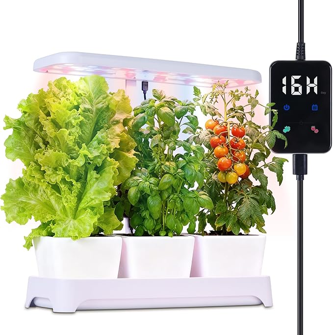 Indoor Garden Led Grow Light, Herb Kitchen Garden Grow Kit, Full Spectrum LED Plant Light for Plants, Height Adjustable Growing Lamp with Intelligent Controller (Not Pots) (White, 16.5*6.5*4 inch)