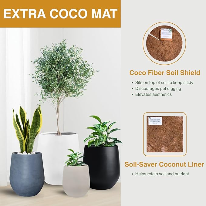 KUTE NEST 16.5" H x 15" D Premium Corso Fiberstone Round Tapered Planter with Drainage Hole, Weather Resistant for Indoor & Outdoor Use, Included 2 Extra Coco Mats (Black, 11.5" Pot Opening)