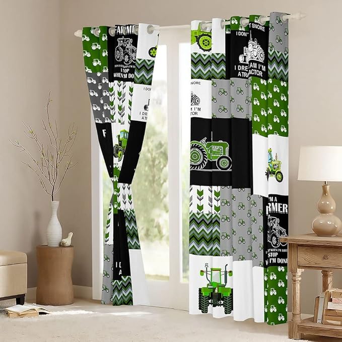 Feelyou Tractor Curtains Cartoon Farm Tractor Blackout Curtain for Kids Boys Girls Truck Car Window Drapes Harvester Excavator Window Treatments Green 52W X 90L，2 Panels