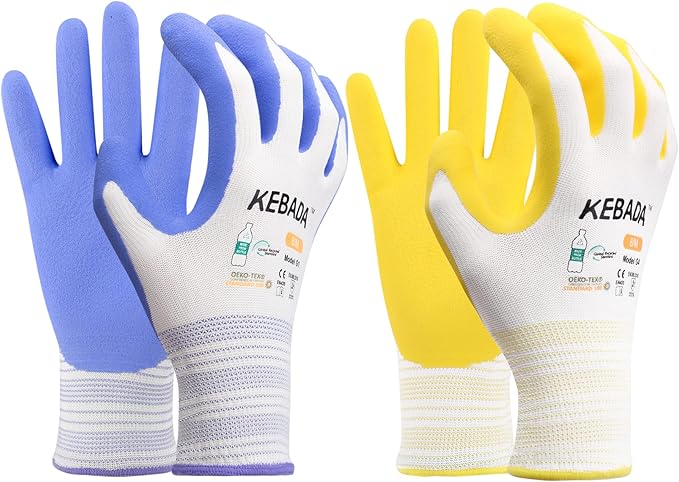 Kebada Gardening Gloves for Women, 2 Pairs Latex Coated Yard Gloves, Micro-Foam Textured Coating on Palm & Fingers, Breathable Womens Work Gloves, High Visibility, Medium, Lilac & Yellow
