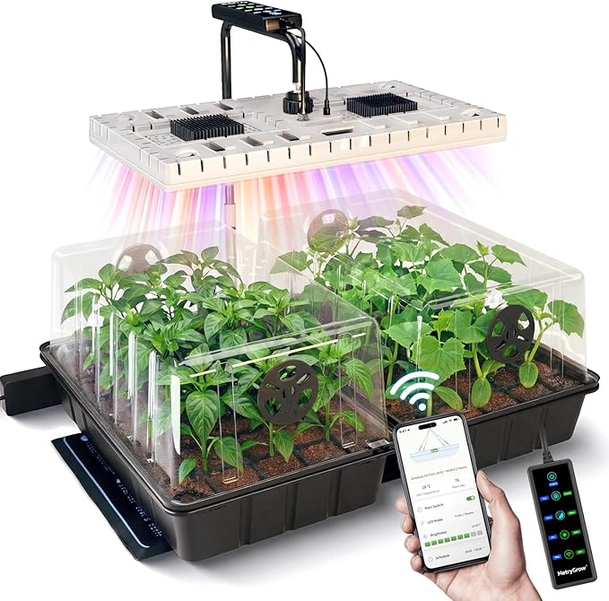 MetryGrow 48W Full Spectrum LED Grow Light Seed Starter Kit, 80-Cell Tray with 30W Heating Mat & Adjustable Dome, Waterproof Germination System for Healthy Indoor Seedlings
