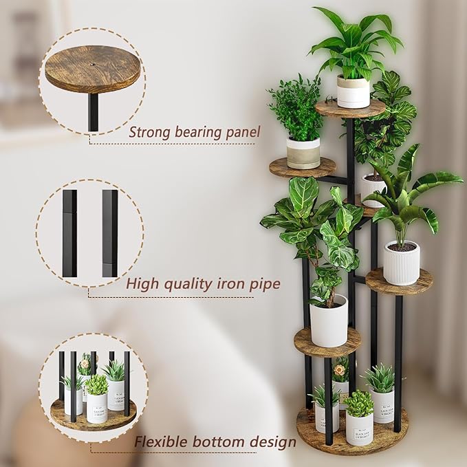 INGIORDAR Plant Stand Indoor Outdoor Corner Flower Stands Multiple Flower Pot Holder for Patio Garden Balcony Living Room 6 Tier Black+Rustic Brown