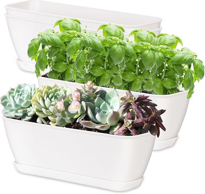 Oliz 4-Piece White Rectangular Window Sill Planters with Drainage Holes and Trays (11 Inches) for Basil, Orchids, and Succulents Modern Herb Garden Planters Suitable for Indoor/Outdoor Plants