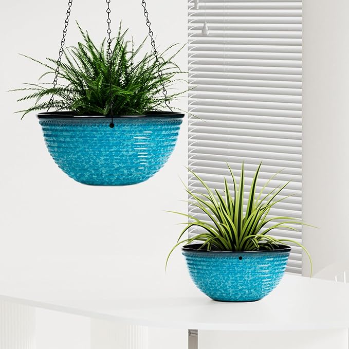 Vanslogreen 2 Pack Hanging Planters for Indoor Outdoor Plants, 10 Inch Hanging Planter with Drainage Hole & Plug Glazed Hanging Baskets Flower Pots for Garden Home (Snowflake Blue)