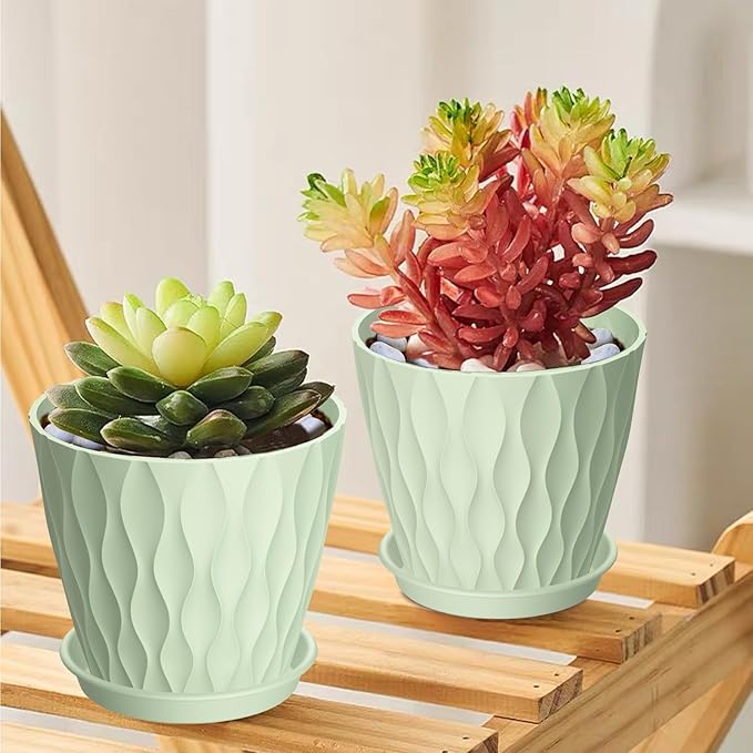 UOUZ 12 Pack 4 Inch Small Plant Pots with Saucers, Waffle Texture Plastic Planters with Drainage Holes for Indoor and Outdoor Plants, Flowers, Herbs, Succulents, and Seedlings, Green