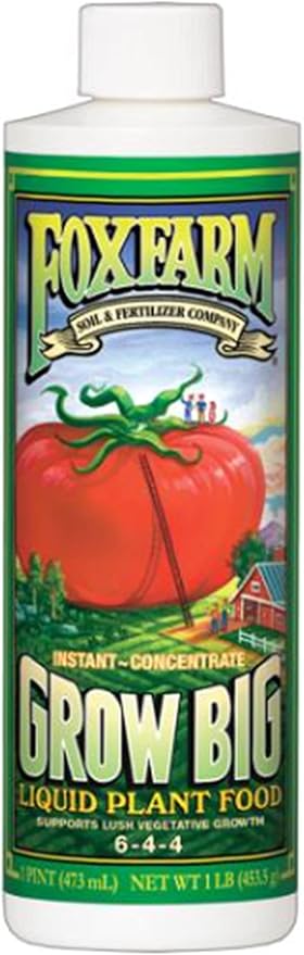 FoxFarm Grow Big Liquid Plant Food - 6-4-4 House Plant Fertilizer for Lush Vegetative Growth, Fast Nutrient Uptake for Roses, Tomatoes & Veggies - Pint Size Concentrate