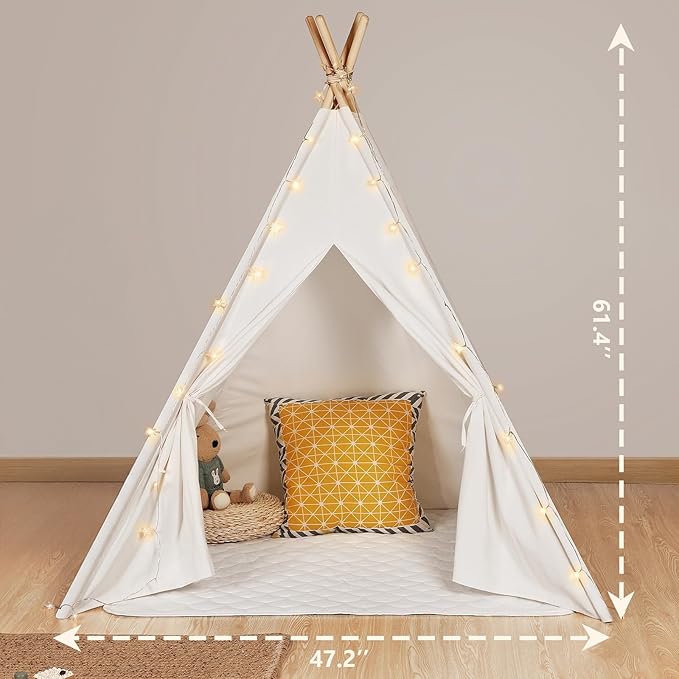Sumbababy Teepee Tent for Kids, Cotton Canvas Indoor Play Tent, Foldable Toddler Sleepover Tents for Girls & Boys Slumber Party, Washable Gift Set with Star Lights, Banner & Carry Bag