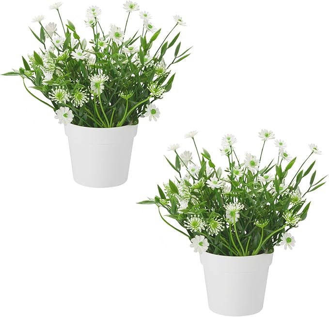 Fake Plants Daisy for Bathroom Decor, Small Potted Artificial Plants Indoor for Shelf Desk Home Bathroom Farmhouse Room Coffee Table Decor, White (Pack of 2)