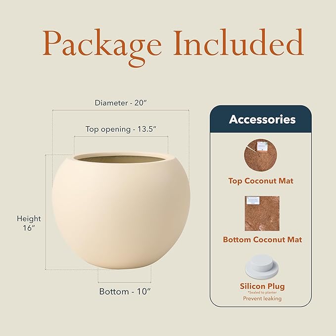 KUTE NEST 16" H x 20" D Premium Globo Fiberstone Round Planter with Drainage Hole, Weather Resistant for Indoor and Outdoor Use, Included 2 Extra Coco Mats (Kilim Beige, 13.5" Pot Opening)