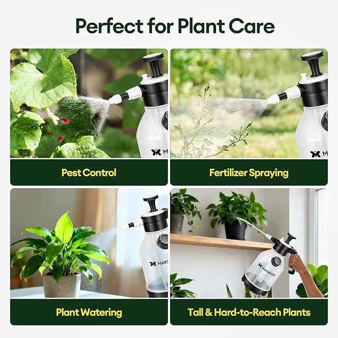 MAYGROVE 0.4 Gal Pump Sprayer, Hand Water Spray Bottle for Indoor Plant, Clear Plant Sprayer with Side Filling Port, Measuring Cup, Adjustable Nozzles, Safe Pressure Relief Valve