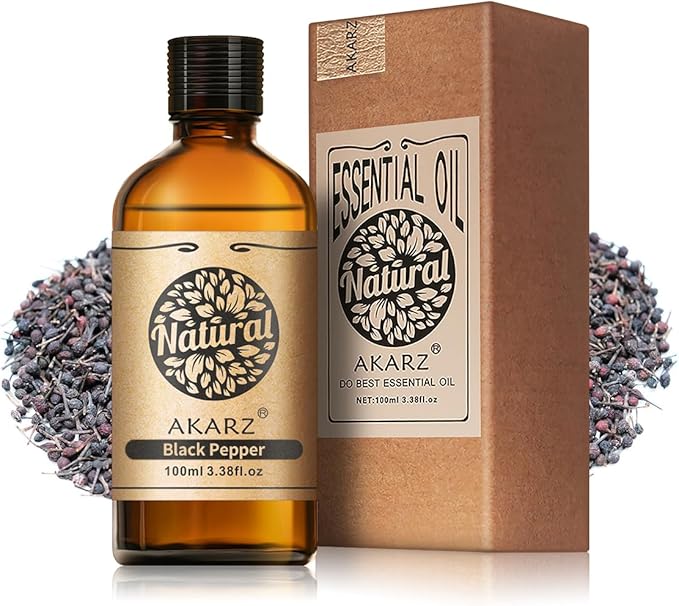 AKARZ 100ml Black Pepper Essential Oil Natural Black Pepper Oil Pure for Candle Making,DIY Skincare Products Massage,Home Spa Relaxation
