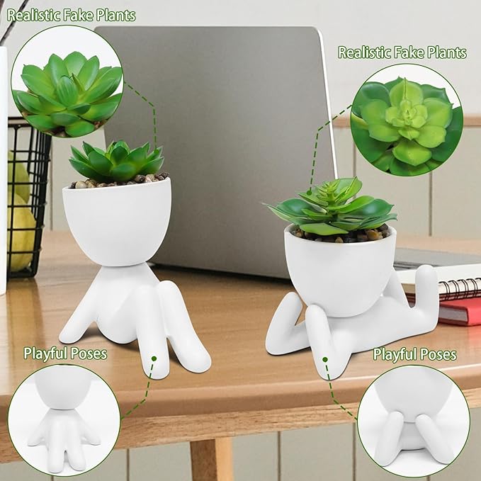 Zerzsy Set of 2 Small Fake Plants with Human-Shaped Pots, Fake Succulents Plant Artificial Office Desk Accessories Decorations Funny Room Decor Mini Plant Bathroom Decorations (Ceramic White)