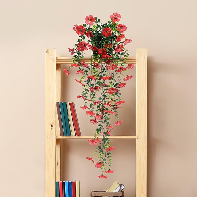 FAVOWREATH Fake Plants Hanging Artificial Potted Faux Eucalyptus Plants and Flowers for Modern Boho Farmhouse Bathroom Office Desk Wall Book Shelf Living Room Aesthetic Decor Indoor (Red)