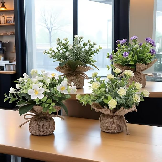 Artificial Plant Decorations mini Greenery Fake Plants Indoor Outdoor Cute Small Faux Eucalyptus House Home Living Room Bathroom Table Desk Office Hotel Spring Decor 4 Kinds of Flowers