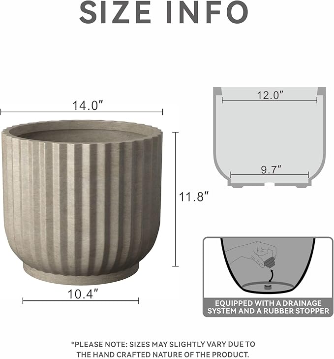 Kante Round Fulted Planter, 14 Inch Dia Large Concrete Plant Pots with Drainage Hole and Rubber Plug, Modern Decor for Indoor Outdoor Plants, Flower, Weathered Concrete