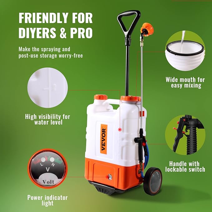 VEVOR 4 Gallon Battery Powered Backpack Sprayer with Wheeled Cart, Adjustable 0-94 PSI, 13FT Hose, 6 Nozzles, 2 Wands Included, Wide Mouth Lid for Weeding, Cleaning, Long Spray Time Without Fatigue
