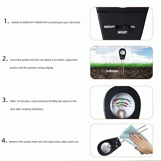 3-in-1 Soil Moisture Meter pH & Fertility Tester, No Battery Needed Plant Soil Test Kit for Houseplants, Garden, Lawn & Farm, Plug-and-Read Soil Acidity Meter for Indoor Outdoor Potted Plants (Black)