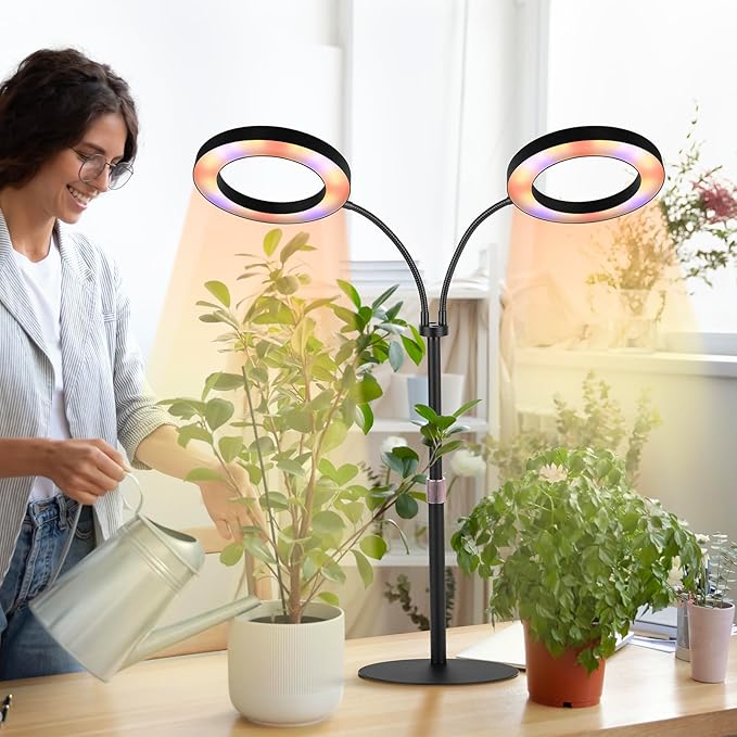 Dual-Head Grow Lights for Indoor Plants, LED Full Spectrum Plant Lamp with Timer 3/9/12H, 10 Dimmable Levels, Flexible Gooseneck, Height Adjustable 14"-23" for House Plants & Seedlings