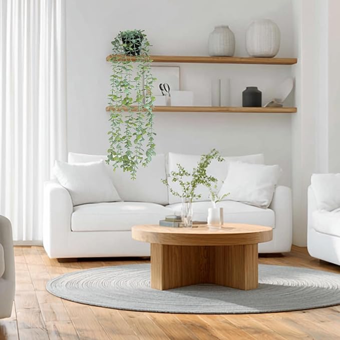 echosari Artificial Hanging Plants, Fake Potted Eucalyptus Faux Hanging Plant, Fake Hanging Plants Indoor for Modern Boho Home Bedroom Wall Book Shelf Decor