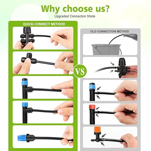 230FT New Quick-Connect Drip Irrigation System Kit, Automatic Garden Watering Misting System for Greenhouse, Yard, Lawn, Plant with 1/2 inch Hose 1/4 inch Distribution Tubing and Accessories