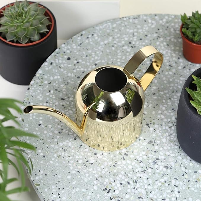 Watering Can, Stainless Steel Watering Can Mini Watering Pot Plant Watering Can with Long Spout Houseplant Potted Watering Can for Outdoor Office Succulent Bonsai Garden Flower Gift 500ml(Gold)