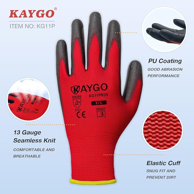 KAYGO Work Gloves for Men and Women, 12 Pairs Seamless Knit PU Coated Safety Gloves, with Smooth Grip on Palm and Fingers, Ideal for Light Warehouse, Manufacturing, Gardening, KG11P (M, Red)