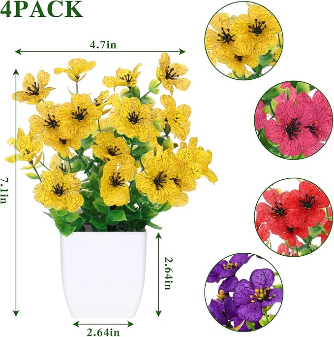 CEWOR Fake Plants 4 Packs Small Faux Potted Flower Daisy with Eucalyptus Leaves Decorations for Desk Bathroom Office Home Room Table Decor Indoor Outdoor