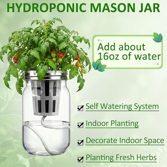 Teenyyou 12 Set Hydroponic Garden Mason Jar Kit Self Watering Herb Hydroponic Planter Starter Kit with Net Pot Garden Flower Plant Growing Gift for Indoor Herbs Windowsill Gardening