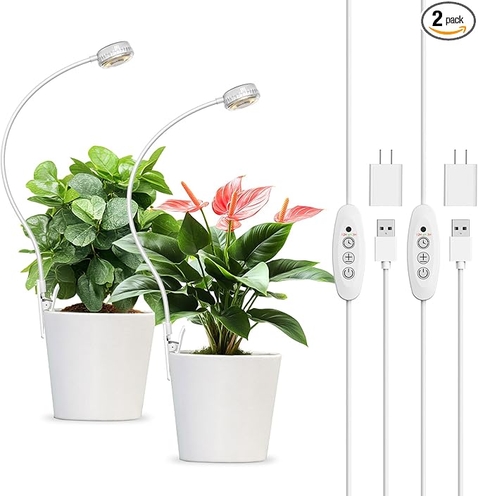 Small Grow Lights for Indoor Plants, 5W Pot Clip on Grow Light, Full Spectrum, LED 4000k with 4-Level Dimmable, Auto On/Off 3 6 12 Hrs Timer Small Grow Light, 2 Pack