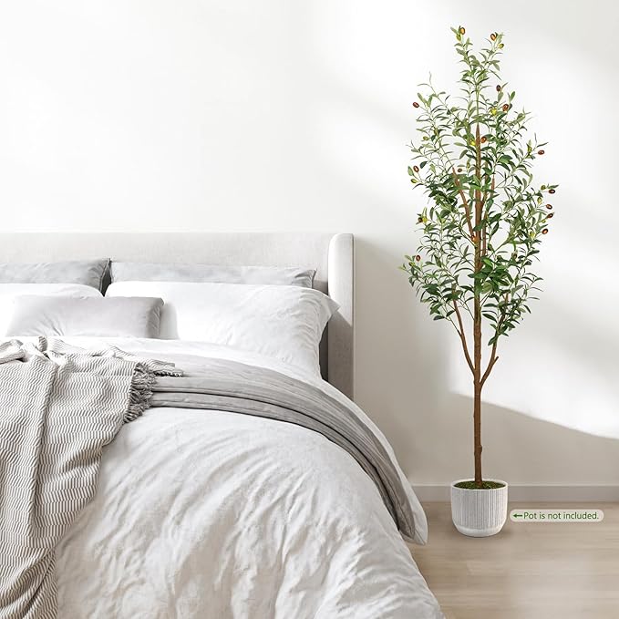 7FT Artificial Olive Tree - Indoor Tall Faux Olive Trees with Planter&Basket, Large Fake Olive Silk Tree Realistic Olive Plants with Branches and Fruits for Home Decor Office Living Room