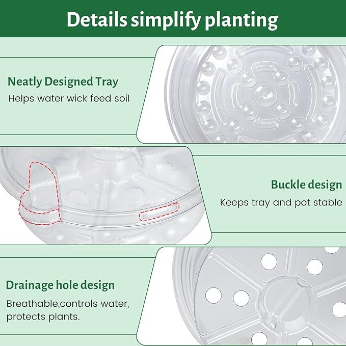 Bluepro 20 Pack 5 Inch Clear Self Watering Plant Pots with Bottom Water Tray & Watering Rope, Transparent Nursery Pots with Drainage for Seedlings, Herbs, and Houseplants