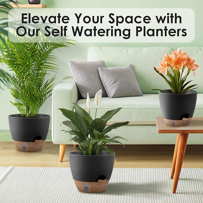 QRRICA Self-Watering Plant Pots with Water Level Indicator, Drainage Holes & Saucers – 12/10/9 Inch Large Plastic Planter Set for Indoor & Outdoor Plants(Black)