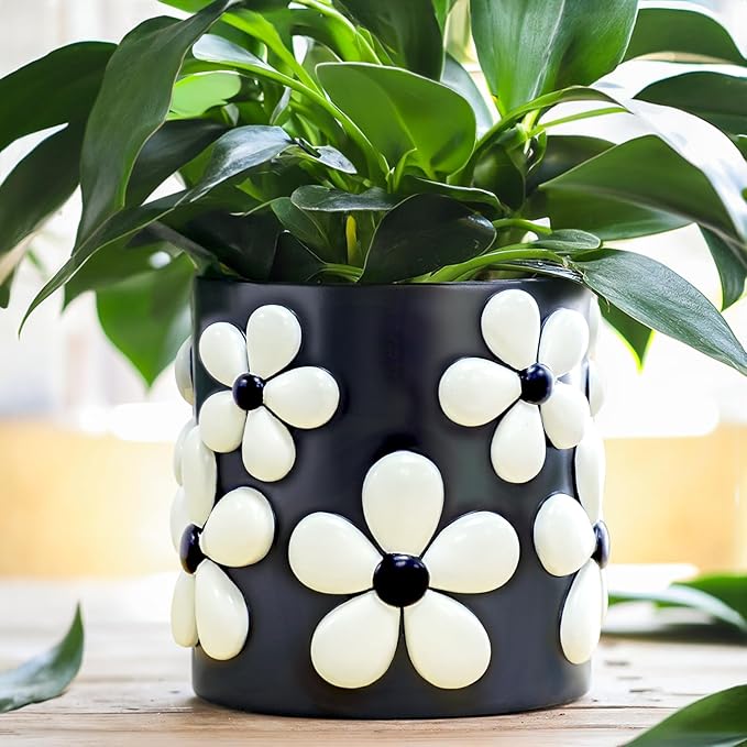 GUGUGO Colorful Flowers Planters Cute Unique Rainbow Planter with Drainage, Vintage Retro Flower Plant pots for Indoor Plants, Eclectic Succulent Gardening Pot for Boho Modern Home Décor-Black