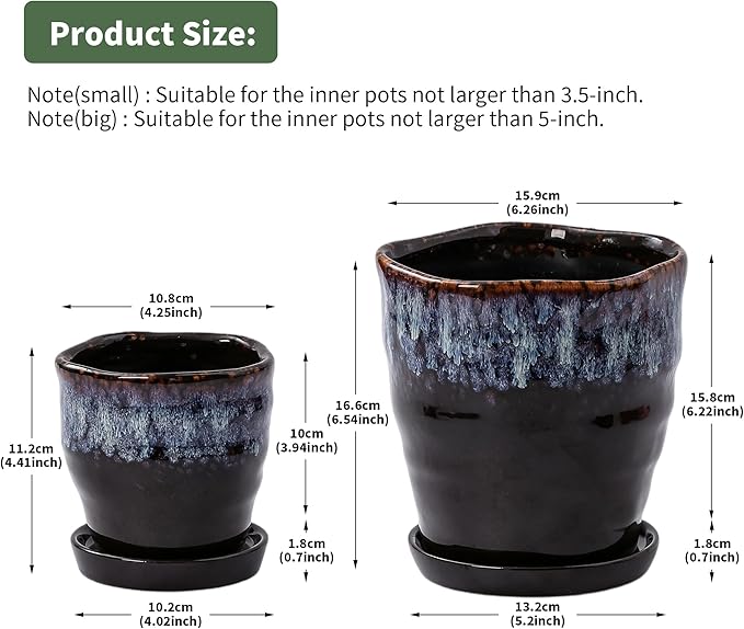 Set of 2 Reactive Glaze Ceramic Planters with Drainage Holes & Saucers - 4 + 6 Inch Unique Irregular Round Flower Pots for Indoor Outdoor Plants, Succulents, Orchids - Reactive Glaze Spot