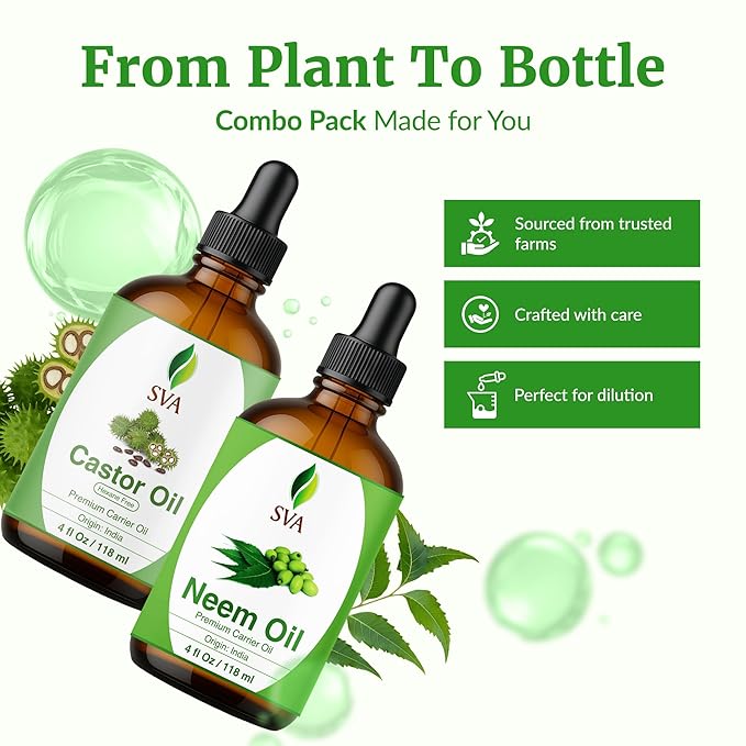 SVA Neem Oil 4 oz and Castor Oil 4 oz Bundle Super Saver Combo – Premium Grade Value Set for Hair Oiling, Scalp Massage, Hair Care, Skin Care and Body Massage
